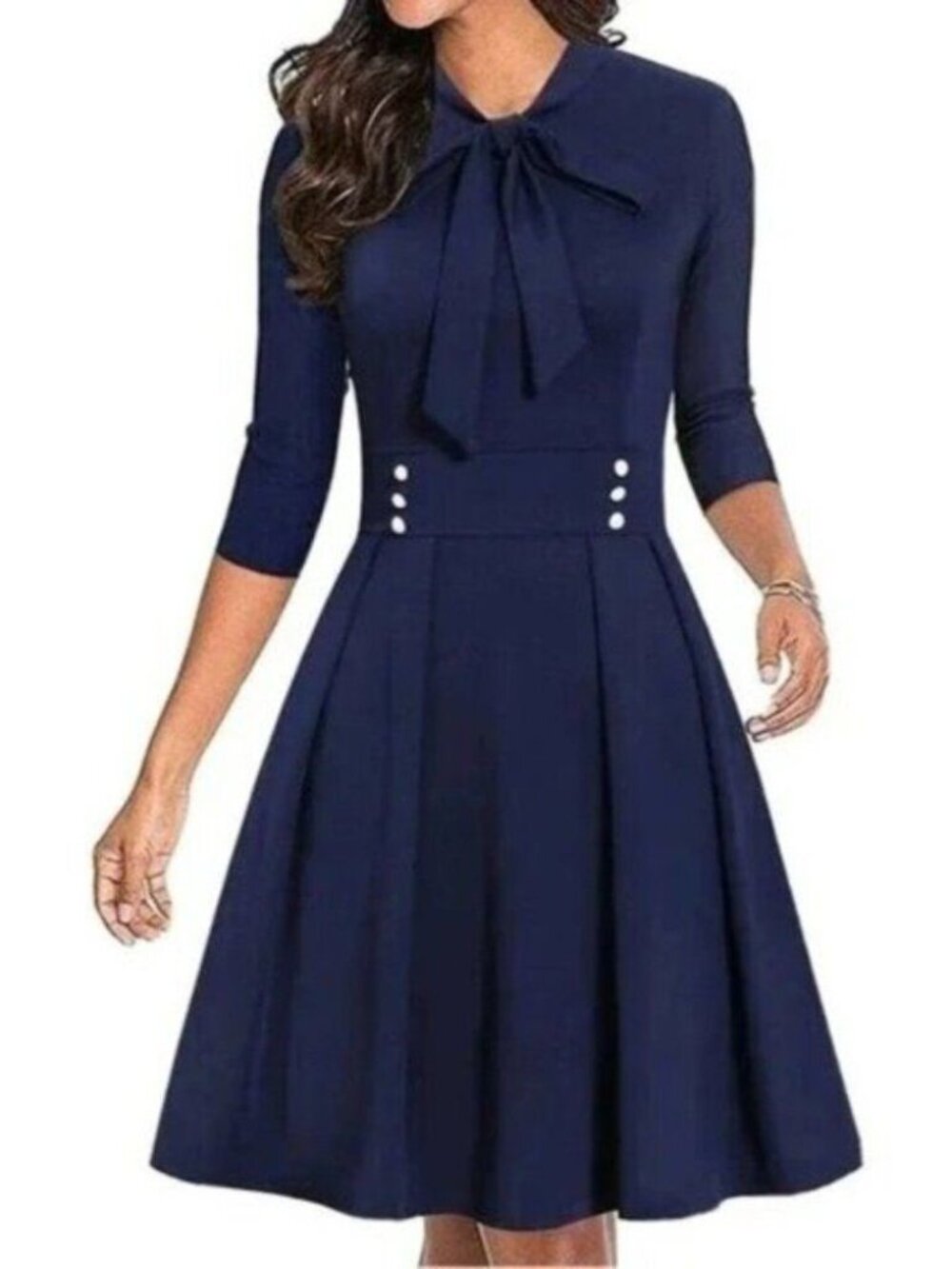 New Ikomi Navy Blue Women's Bow Tie Pockets Swing Dress